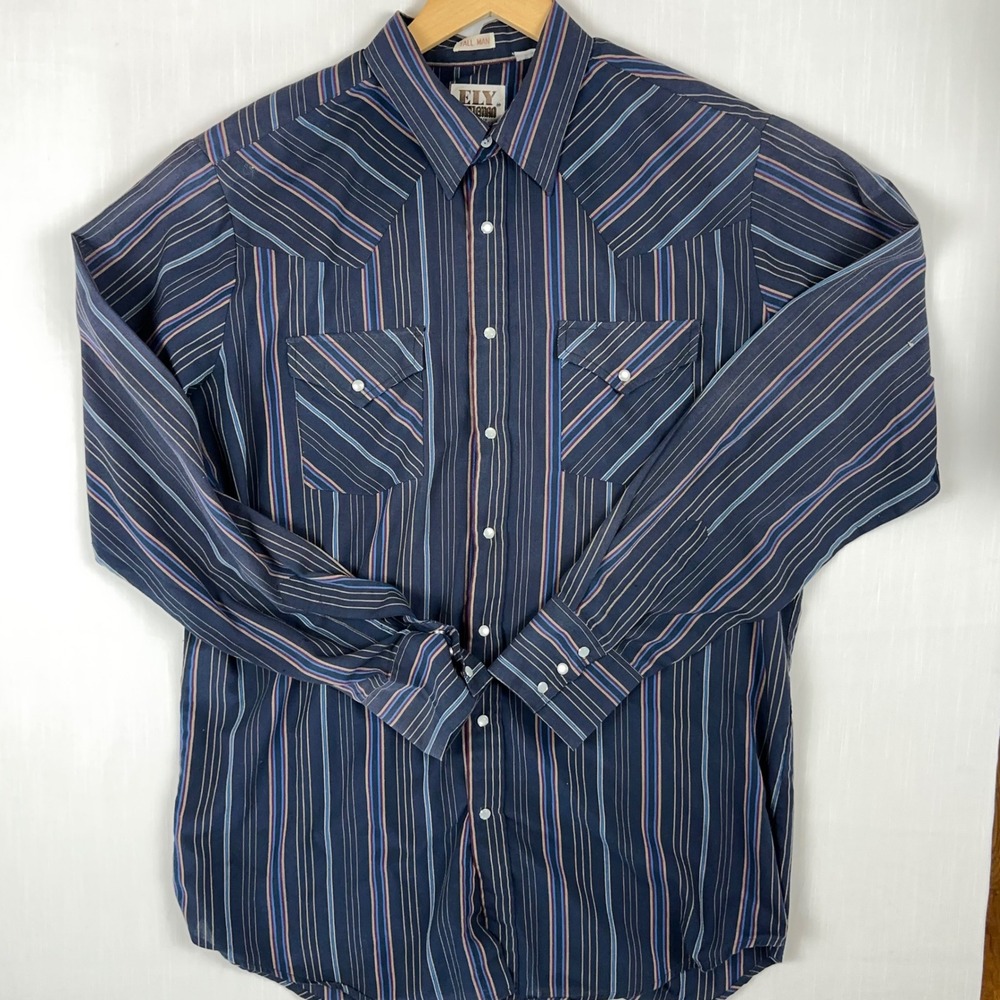 Ely Cattleman Mens Tall Large Navy Blue Striped Western Pearl Snap Shirt LT